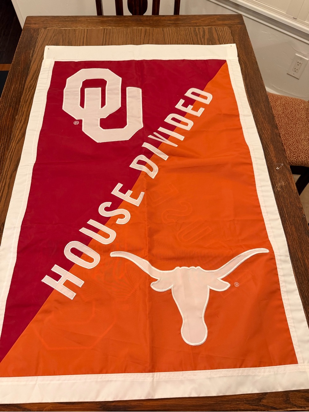 OU x Texas House Divided flag in Crimson and Burnt Orange
